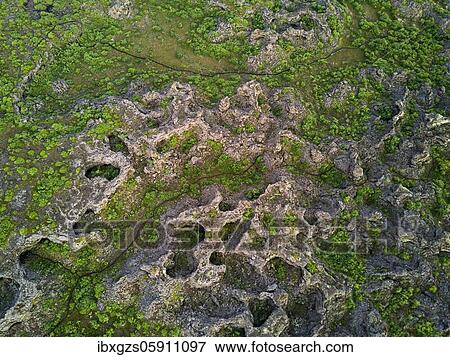 Stock Photo - Aerial view of the lava field Dimmuborgir, Skútustaðir, Norðurland eystra, Iceland, Europe. Fotosearch