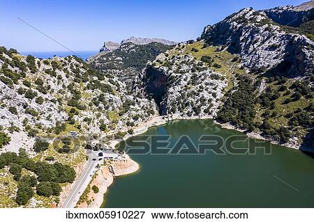 Aerial view of the reservoir, Embalse de Gorg Blau, Tramuntana, Majorca, Balearic Islands, Spain, Europe View Large Photo Image Stock Photo - Aerial view of the reservoir, Embalse de Gorg Blau, Tramuntana, Majorca, Balearic Islands, Spain, Europe. Fotosearch
