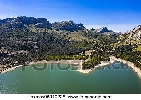 Aerial view of the reservoir, Embalse de Gorg Blau, Tramuntana, Majorca, Balearic Islands, Spain, Europe View Large Photo Image Stock Photo - Aerial view of the reservoir, Embalse de Gorg Blau, Tramuntana, Majorca, Balearic Islands, Spain, Europe. Fotosearch