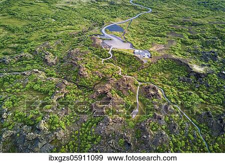 Stock Photo - Aerial view of the visitor centre at the lava field Dimmuborgir, Skútustaðir, Norðurland eystra, Iceland, Europe. Fotosearch
