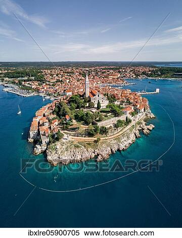 Stock Photography - Aerial view, Old town with the church of St. Euphemia, Rovinj, Istria, Croatia, Europe. Fotosearch