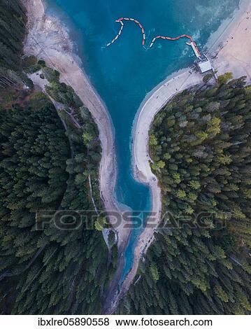 Aerial view, pointed part of the Pragser Wildsee from above, Lake Prags, South Tyrol, Italy, Europe View Large Photo Image Stock Photo - Aerial view, pointed part of the Pragser Wildsee from above, Lake Prags, South Tyrol, Italy, Europe. Fotosearch