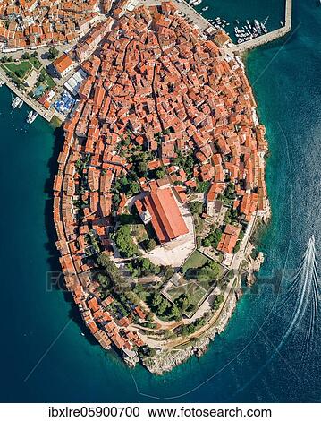 Aerial view, Rovinj old town with the church St. Euphemia from above, Croatia, Europe View Large Photo Image Stock Image - Aerial view, Rovinj old town with the church St. Euphemia from above, Croatia, Europe. Fotosearch