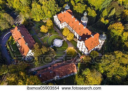 Picture - Aerial view, Schlossberg with Eurasburg Castle, Eurasburg, Tölzer-Land, Upper Bavaria, Bavaria, Germany, Europe. Fotosearch