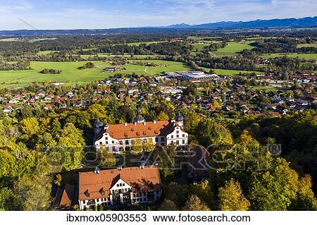 Stock Image - Aerial view, Schlossberg with Eurasburg Castle, Eurasburg, Tölzer-Land, Upper Bavaria, Bavaria, Germany, Europe. Fotosearch