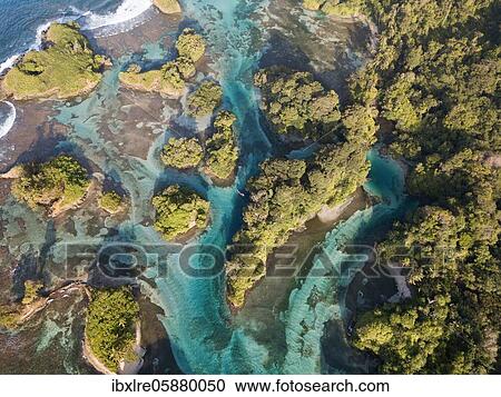 Stock Image - Aerial view, tropical mangrove islands in the Caribbean, Escudo de Veraguas, Panama, Central America. Fotosearch