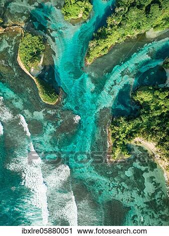 Stock Image - Aerial view, tropical mangrove islands in the Caribbean, Escudo de Veraguas, Panama, Central America. Fotosearch
