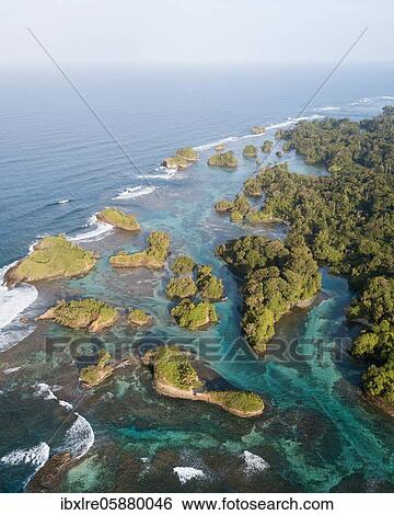 Stock Photograph - Aerial view, tropical mangrove islands in the Caribbean, Escudo de Veraguas, Panama, Central America. Fotosearch