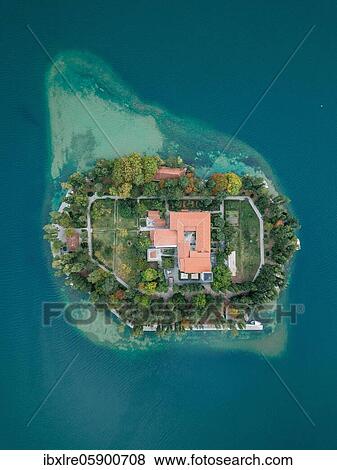 Stock Photo - Aerial view, Visovac Monastery, Visovac Island, Lake Jezera Visovac, Skradin, Krka National Park, Croatia, Europe. Fotosearch
