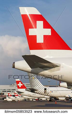 Stock Image - Airbus aircraft tails of Swiss at Zurich Airport (ZRH) in the, Zurich, Switzerland, Europe. Fotosearch