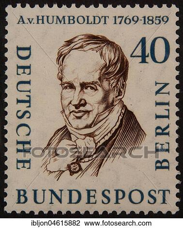 Stock Image - Alexander von Humboldt, a Prussian philosopher, linguist, government functionary, diplomat, and founder of the Humboldt University of Berlin, portrait on a German stamp 1959. Fotosearch