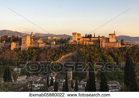 Alhambra on the Sabikah hill at sunset, Moorish citadel, Nasrid palaces, Palace of Charles the Fifth, behind Sierra Nevada with snow, Granada, Andalucia, Spain, Europe View Large Photo Image Stock Image - Alhambra on the Sabikah hill at sunset, Moorish citadel, Nasrid palaces, Palace of Charles the Fifth, behind Sierra Nevada with snow, Granada, Andalucia, Spain, Europe. Fotosearch