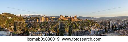 Alhambra on the Sabikah hill at sunset, Moorish city castle, Nasrid palaces, Palace of Charlemagne, in the back Sierra Nevada with snow, panorama, Granada, Andalusia, Spain, Europe View Large Photo Image Stock Photo - Alhambra on the Sabikah hill at sunset, Moorish city castle, Nasrid palaces, Palace of Charlemagne, in the back Sierra Nevada with snow, panorama, Granada, Andalusia, Spain, Europe. Fotosearch