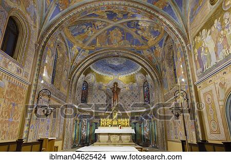 Picture - Altar room, New Romanesque painting by Franz Xaver Hofstötter, parish church of St. Herz Jesu, Ludwigsthal near Lindberg, Bavarian Forest, Lower Bavaria, Bavaria, Germany, Europe. Fotosearch