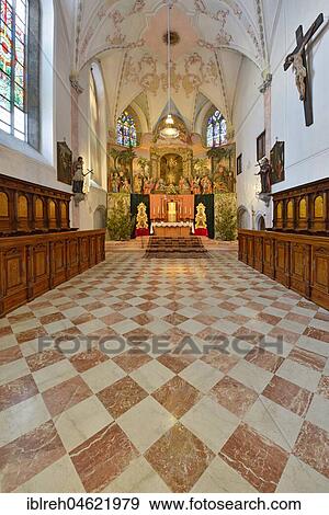 Stock Photo - Altar room with choir stalls, interior view, Franciscan monastery, Schwaz, Tyrol, Austria, Europe. Fotosearch