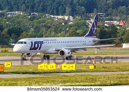 Picture - An Embraer 195 aircraft of LOT Polish Airlines with registration mark SP-LNE at Zurich Airport (ZRH) in the, Zurich, Switzerland, Europe. Fotosearch