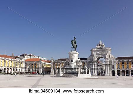 Picture - Arch of Triumph Arco da Rua Augusta, equestrian statue of King Jose I, Praca do Comercio, Baixa, Lisbon, Portugal, Europe. Fotosearch