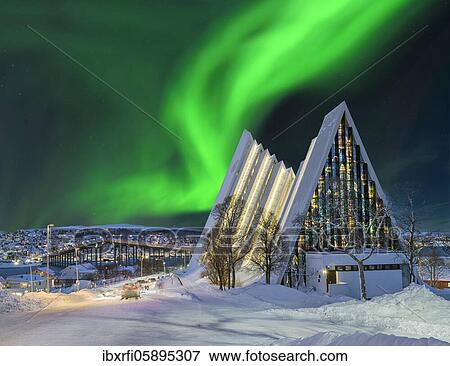 Stock Photo - Arctic Sea Cathedral Winter Northern Lights Tromso Norway. Fotosearch