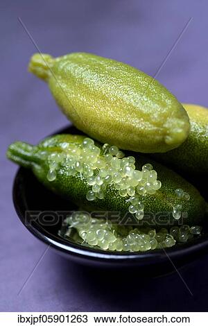 Stock Image - Australian finger lime (Microcitrus australasica) in bowl, finger lime, lime caviar, Germany, Europe. Fotosearch