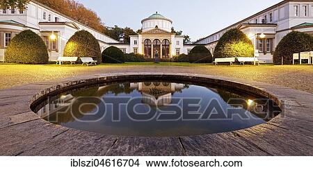 Badehaus I in the blue hour, spa garden, Bad Oeynhausen, Ostwestfalen-Lippe, North Rhine-Westphalia, Germany, Europe View Large Photo Image Picture - Badehaus I in the blue hour, spa garden, Bad Oeynhausen, Ostwestfalen-Lippe, North Rhine-Westphalia, Germany, Europe. Fotosearch