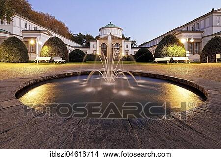 Badehaus I in the blue hour, spa garden, Bad Oeynhausen, Ostwestfalen-Lippe, North Rhine-Westphalia, Germany, Europe View Large Photo Image Picture - Badehaus I in the blue hour, spa garden, Bad Oeynhausen, Ostwestfalen-Lippe, North Rhine-Westphalia, Germany, Europe. Fotosearch