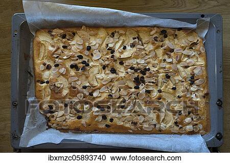 Baked fresh apple pie with almonds and raisins on a baking tray, Germany, Europe View Large Photo Image Stock Image - Baked fresh apple pie with almonds and raisins on a baking tray, Germany, Europe. Fotosearch