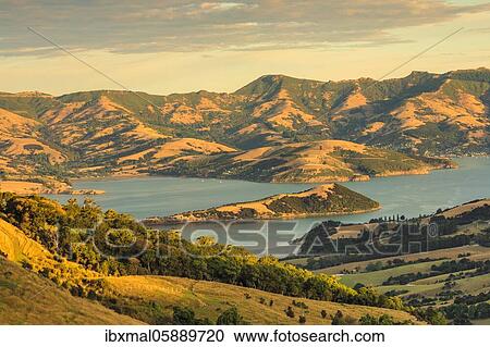 Stock Image - Banks Peninsula at sunset, Oceania, Canterbury, South Island, New Zealand, Oceania. Fotosearch