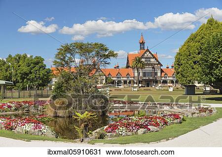 Stock Image - Bath House, Oceania, Museum of Art and History, Government Garden, Rotorua, Bay of Plenty, North Island, New Zealand, Oceania. Fotosearch