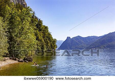 Stock Image - Bathing beach at the Lake Traun near Gmunden, Salzkammergut, Upper Austria, Austria, Europe. Fotosearch