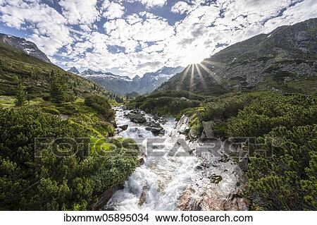 Picture - Bergbach, Zemmbach, in the back Little Mörchner and Zsigmondyspitze, snow-covered mountains, Berliner Höhenweg, Zillertaler Alps, Zillertal, Tyrol, Austria, Europe. Fotosearch