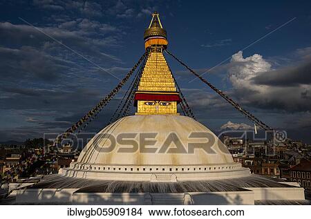 Boudha Stupa with the all-seeing eyes of Buddha in the evening light, Boudanath, also Bodnath, Buddhist sanctuary and pilgrimage site in Kathmandu, Nepal, Asia View Large Photo Image Picture - Boudha Stupa with the all-seeing eyes of Buddha in the evening light, Boudanath, also Bodnath, Buddhist sanctuary and pilgrimage site in Kathmandu, Nepal, Asia. Fotosearch
