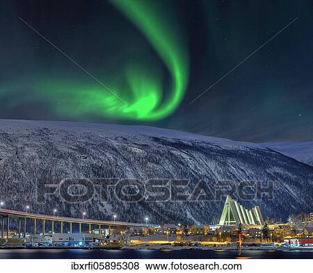 Bridge at the Fjord Arctic Ocean Cathedral Winter Northern Lights Tromso Norway View Large Photo Image Stock Photo - Bridge at the Fjord Arctic Ocean Cathedral Winter Northern Lights Tromso Norway. Fotosearch