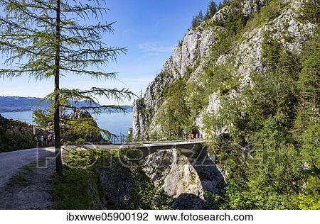 Stock Image - Bridge over the Lainaugraben at the mountain Traunstein, Lake Traun, Gmunden, Salzkammergut, Upper Austria, Austria, Europe. Fotosearch