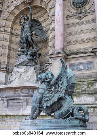 Bronze statue of the fountain La Fontaine Saint Michel at Place Saint-Michel, Paris, France, Europe View Large Photo Image Picture - Bronze statue of the fountain La Fontaine Saint Michel at Place Saint-Michel, Paris, France, Europe. Fotosearch