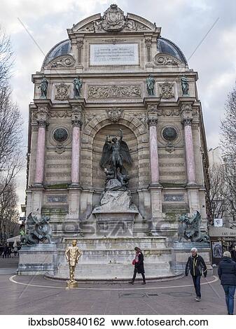 Bronze statue of the fountain La Fontaine Saint Michel at Place Saint-Michel, Paris, France, Europe View Large Photo Image Stock Image - Bronze statue of the fountain La Fontaine Saint Michel at Place Saint-Michel, Paris, France, Europe. Fotosearch