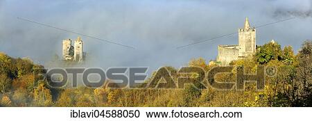 Stock Image - Castle ruins Saaleck and Rudelsburg in the autumn morning mist in the Saaletal valley, Bad Kösen, Burgenland district, Saxony-Anhalt, Germany, Europe. Fotosearch