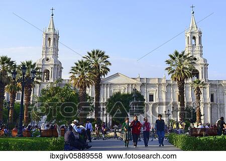 Stock Photo - Cathedral, Basilica Catédral de Santa María at the Plaza de Armas, Arequipa, Peru, South America. Fotosearch