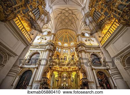Cathedral, chancel, gilded, ceiling decorated with stucco, Catedral de Granada, Granada, Andalusia View Large Photo Image Stock Image - Cathedral, chancel, gilded, ceiling decorated with stucco, Catedral de Granada, Granada, Andalusia. Fotosearch