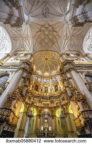 Stock Image - Cathedral, chancel, gilded, ceiling decorated with stucco, Catedral de Granada, Granada, Andalusia. Fotosearch