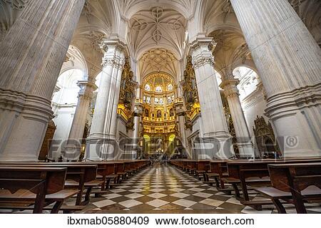 Stock Photo - Cathedral, interior with white columns and golden chancel, ceiling decorated with stucco, Catedral de Granada, Granada, Andalusia. Fotosearch
