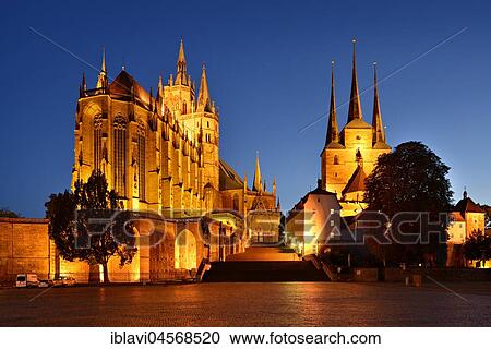 Cathedral square with Erfurt Cathedral and parish church St. Severi, night view, Erfurt, Thuringia, Germany, Europe View Large Photo Image Stock Image - Cathedral square with Erfurt Cathedral and parish church St. Severi, night view, Erfurt, Thuringia, Germany, Europe. Fotosearch
