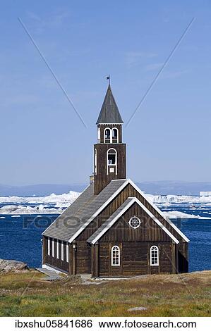 Stock Photograph - Church of Zion in Disko Bay, Ilulissat, West Greenland, Greenland, North America. Fotosearch