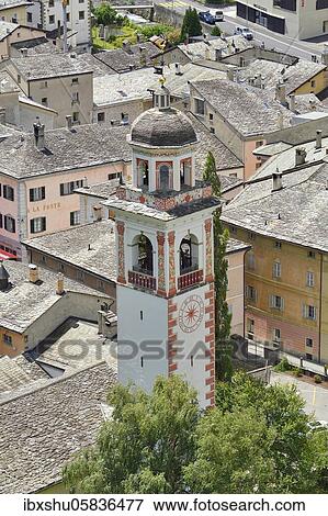 Stock Photo - Church tower, Reformed Church, Poschiavo, Puschlav, Canton Graubünden, Switzerland, Europe. Fotosearch