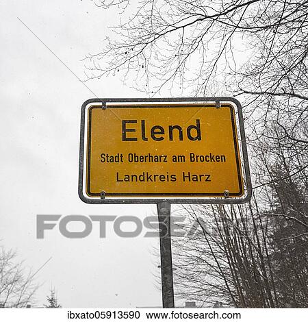 City limit sign Elend, dreary winter weather, district Elend, Oberharz am Brocken, district Harz, Saxony-Anhalt, Germany, Europe View Large Photo Image Stock Image - City limit sign Elend, dreary winter weather, district Elend, Oberharz am Brocken, district Harz, Saxony-Anhalt, Germany, Europe. Fotosearch