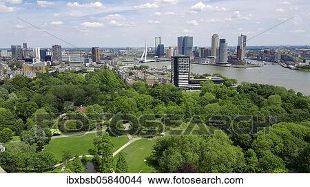 City view from the Euromast Tower towards Het Park and Erasmus Bridge, Rotterdam, Netherlands View Large Photo Image Picture - City view from the Euromast Tower towards Het Park and Erasmus Bridge, Rotterdam, Netherlands. Fotosearch
