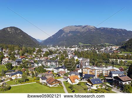 Stock Image - City view of Bad Ischl with Hohem Schrott, Salzkammergut, Upper Austria, Austria, Europe. Fotosearch
