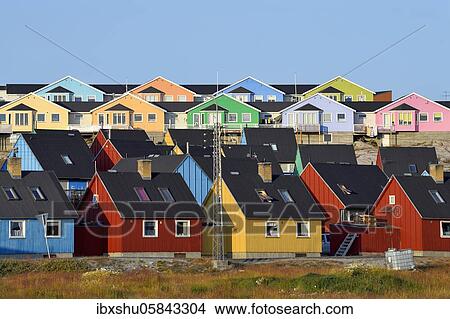 Picture - Colourful wooden houses, Disko Bay, Ilulissat, West Greenland, Greenland, North America. Fotosearch