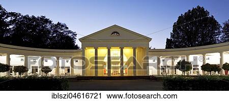 Stock Image - Column hall in the Blue Hour, spa garden, Bad Oeynhausen, Ostwestfalen-Lippe, North Rhine-Westphalia, Germany, Europe. Fotosearch