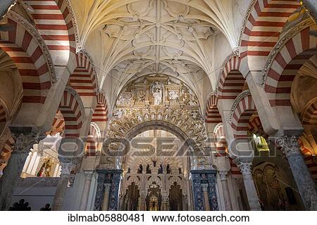 Stock Image - Columned hall with arches in Moorish style, prayer hall of the former mosque, Mezquita-Catedral de Córdoba or Cathedral of the Conception of Our Lady, Córdoba, province of Cordoba, Andalusia, Spain, Europe. Fotosearch