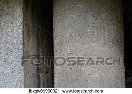 Stock Image - Columns with reliefs in the ruins of Chavín de Huántar, Unesco World Heritage Site, near Huaraz, Ancash region, Peru, South America. Fotosearch